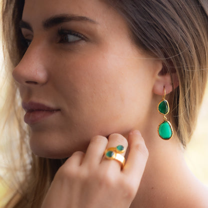 Aros Doble Aura Verde esmeralda - Baño de oro 22k