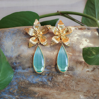 Aros Orquídea Verdeagua XL - Baño de oro 22k
