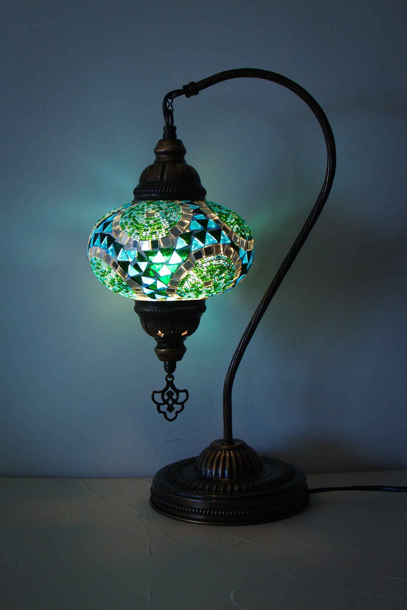 Lámpara turca cisne M remolinos verde y turquesa + ampolleta