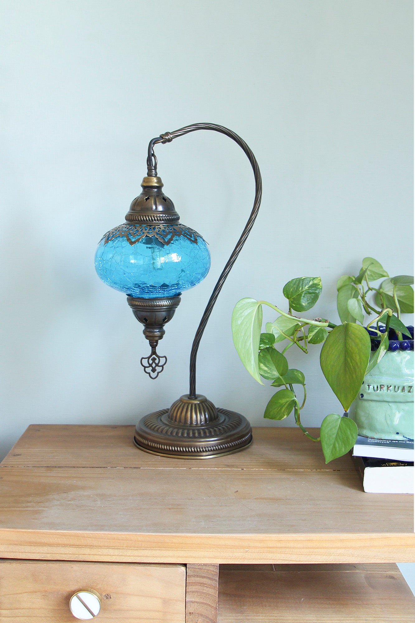 Lámpara turca cisne M craquelada turquesa + ampolleta