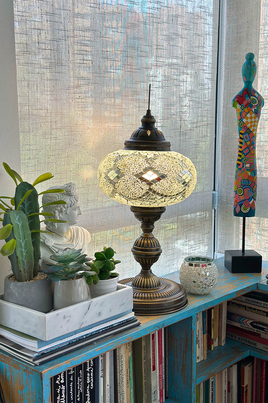 Lámpara turca de mesa XL Rombos blancos + ampolleta