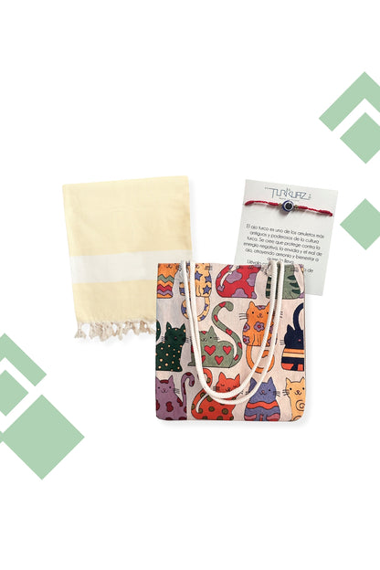 Pack Kalkan: Bolso de gato + Toalla Mármara amarilla + Regalo