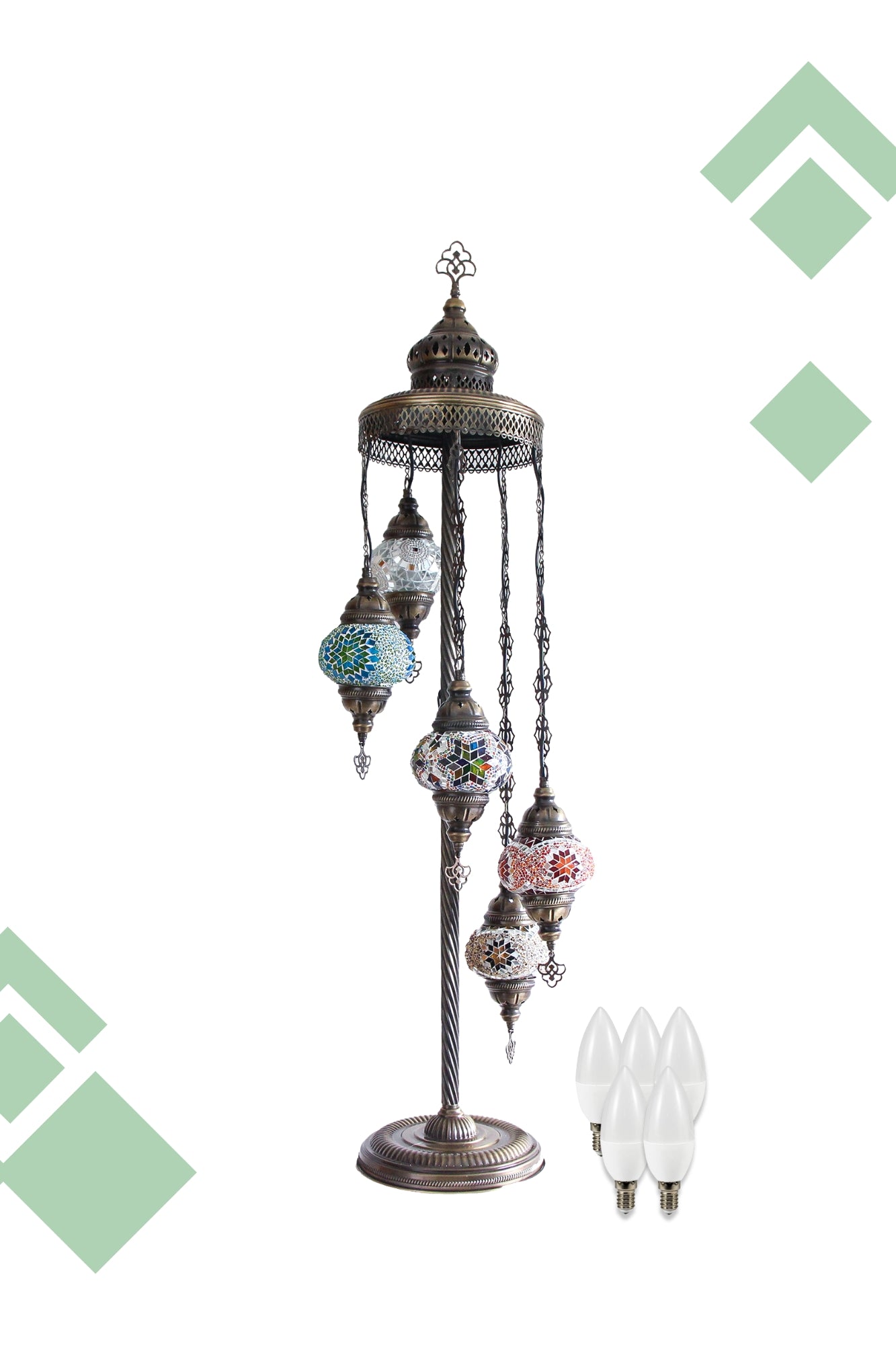 Lámpara de pie turca de 5 esferas S mixtas + ampolletas
