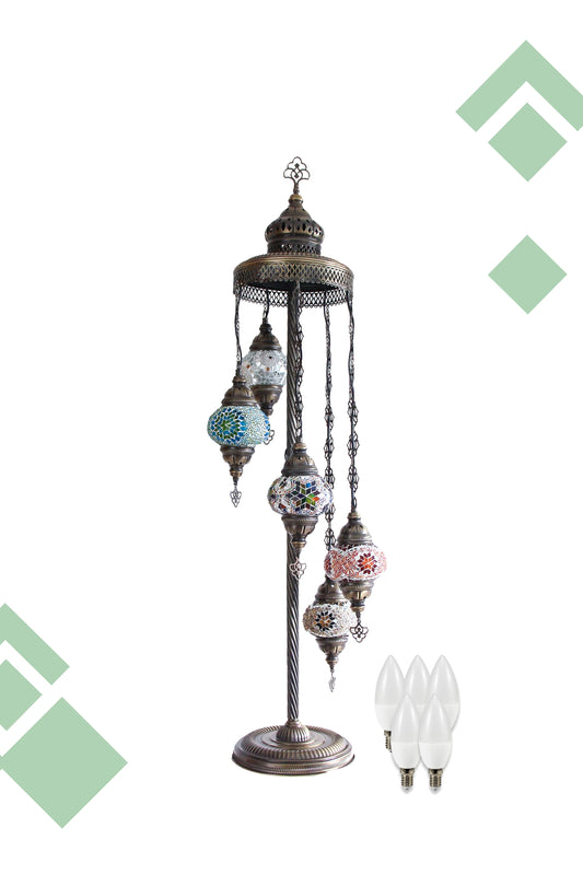 Lámpara de pie turca de 5 esferas S mixtas + ampolletas