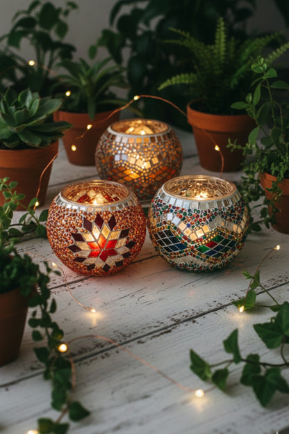 Trío de Portavelas de mosaico turco + Velitas de regalo