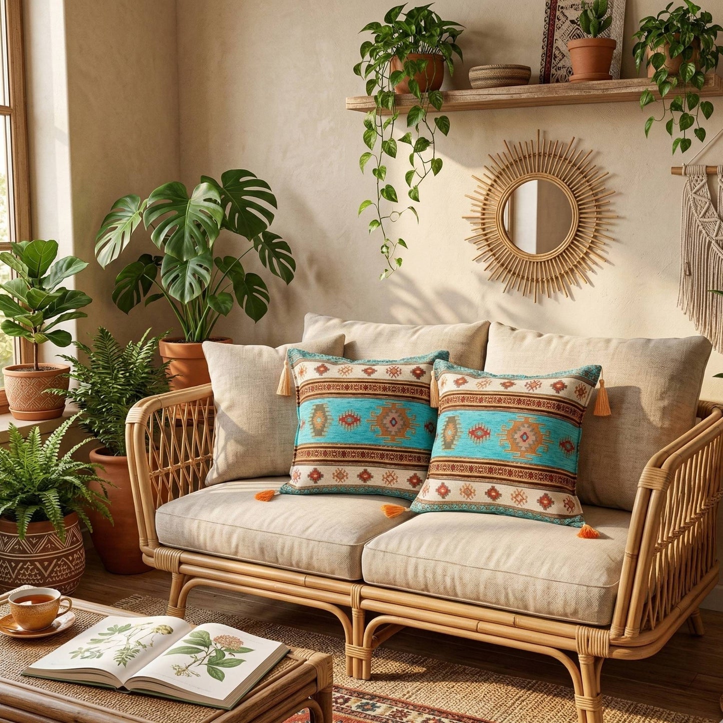 Cojín turco 44x44 Kilim Turquesa y Blanco