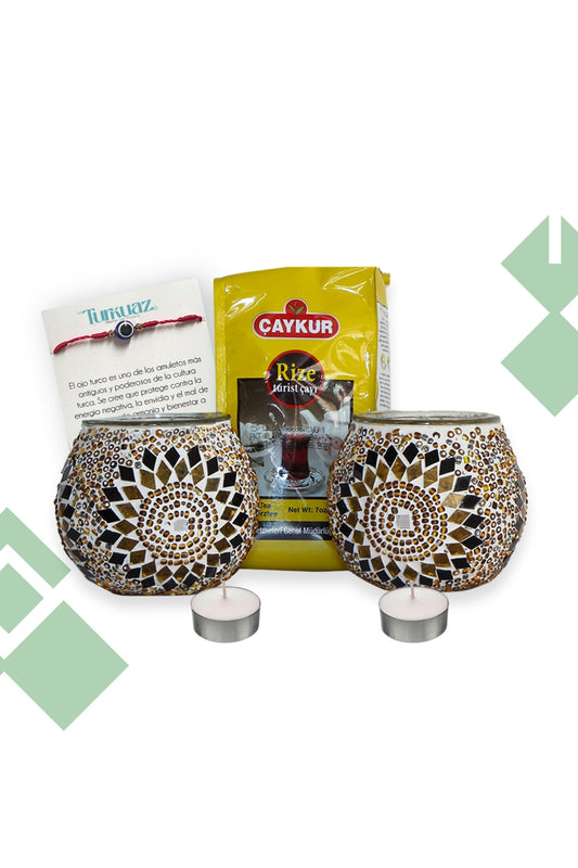 Pack Çay: Té tradicional turco + 2 Portavelas de mosaico + Velitas