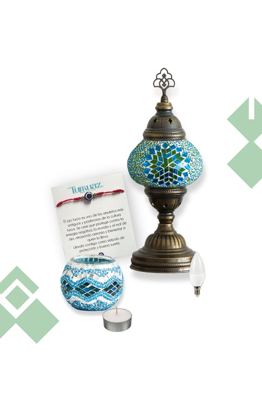 Pack Turquesa: Lámpara de mesa S + Portavela + Ampolleta + Velita y regalito