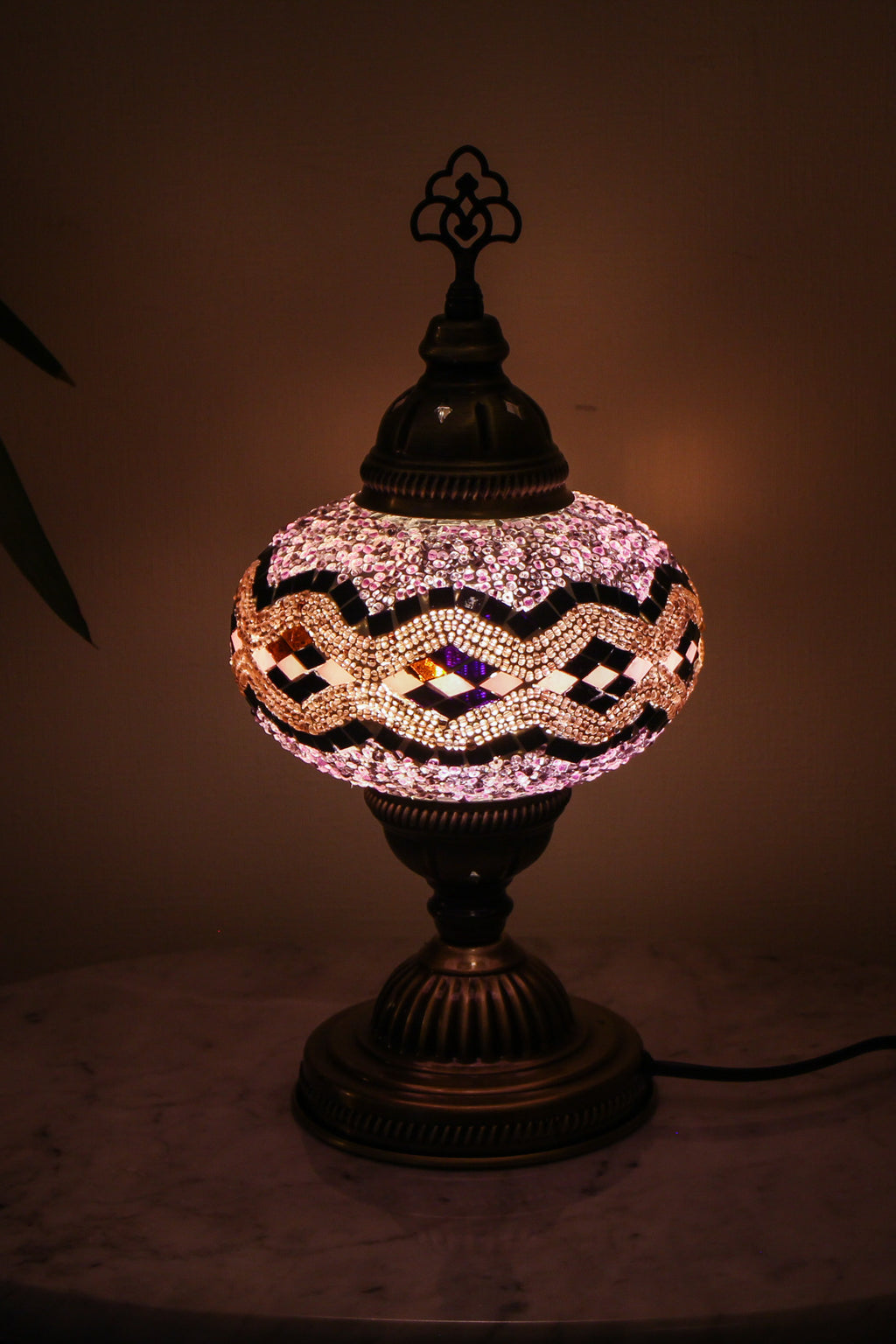 Lámpara turca de mesa M rombos lila y rosada